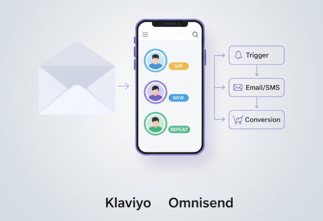 B2C独立站通过Klaviyo、Omnisend进行邮件和短信自动化营销,提高复购率的流程示意图