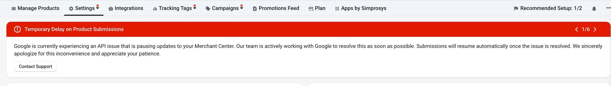 Google Merchant Center产品提交延迟通知截图