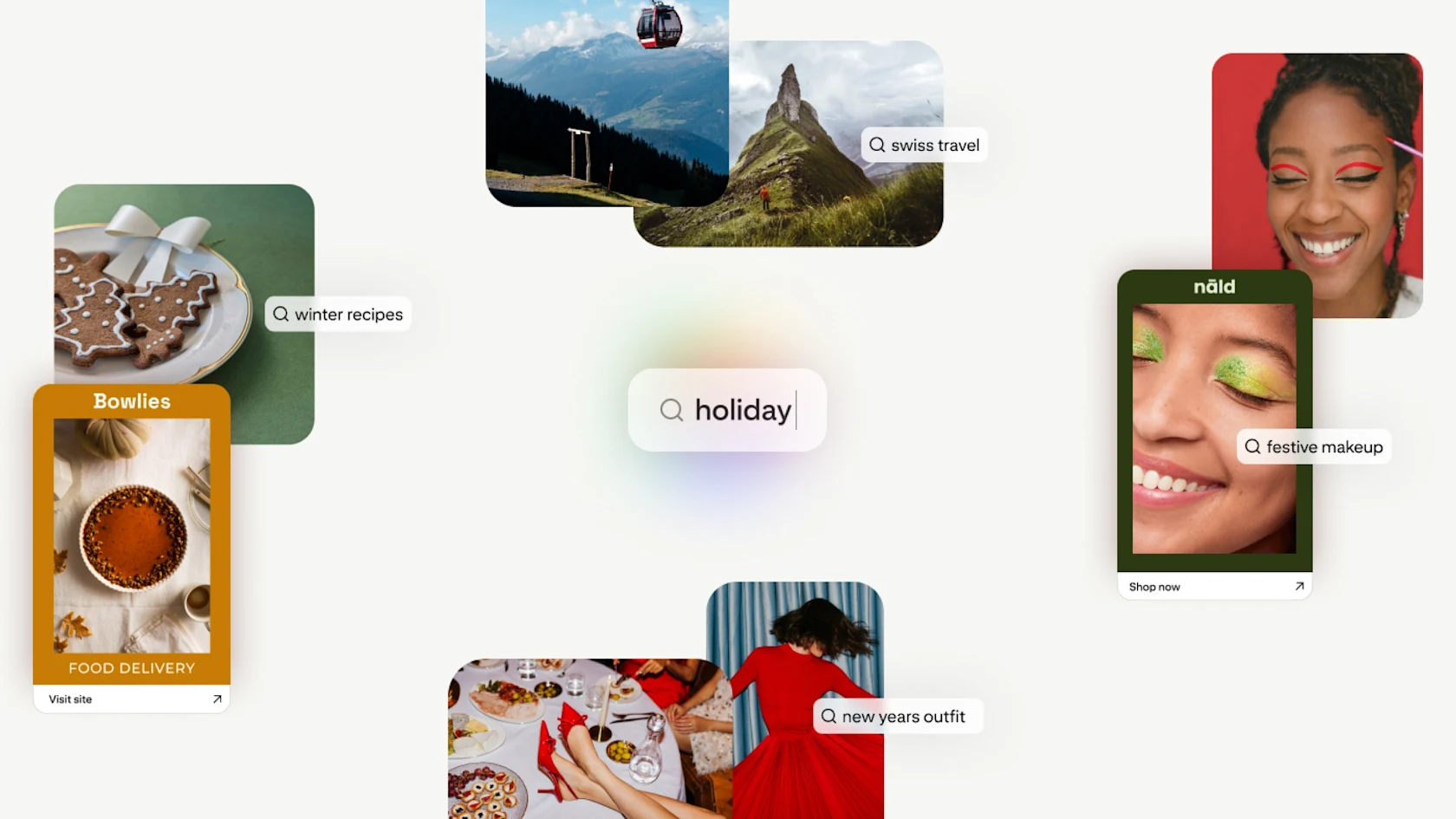 Pinterest上的节日食谱、旅行、美妆与新年穿搭灵感，展示消费者会提前搜索和规划年终购物