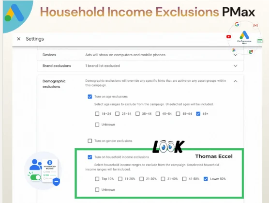 Search Engine Land报道中展示的PMax家庭收入排除设置，可选择不同收入区间及Unknown人群