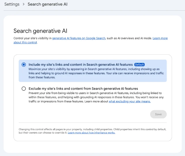 Search Console生成式AI控制提供允许和排除站点链接与内容的两个选项