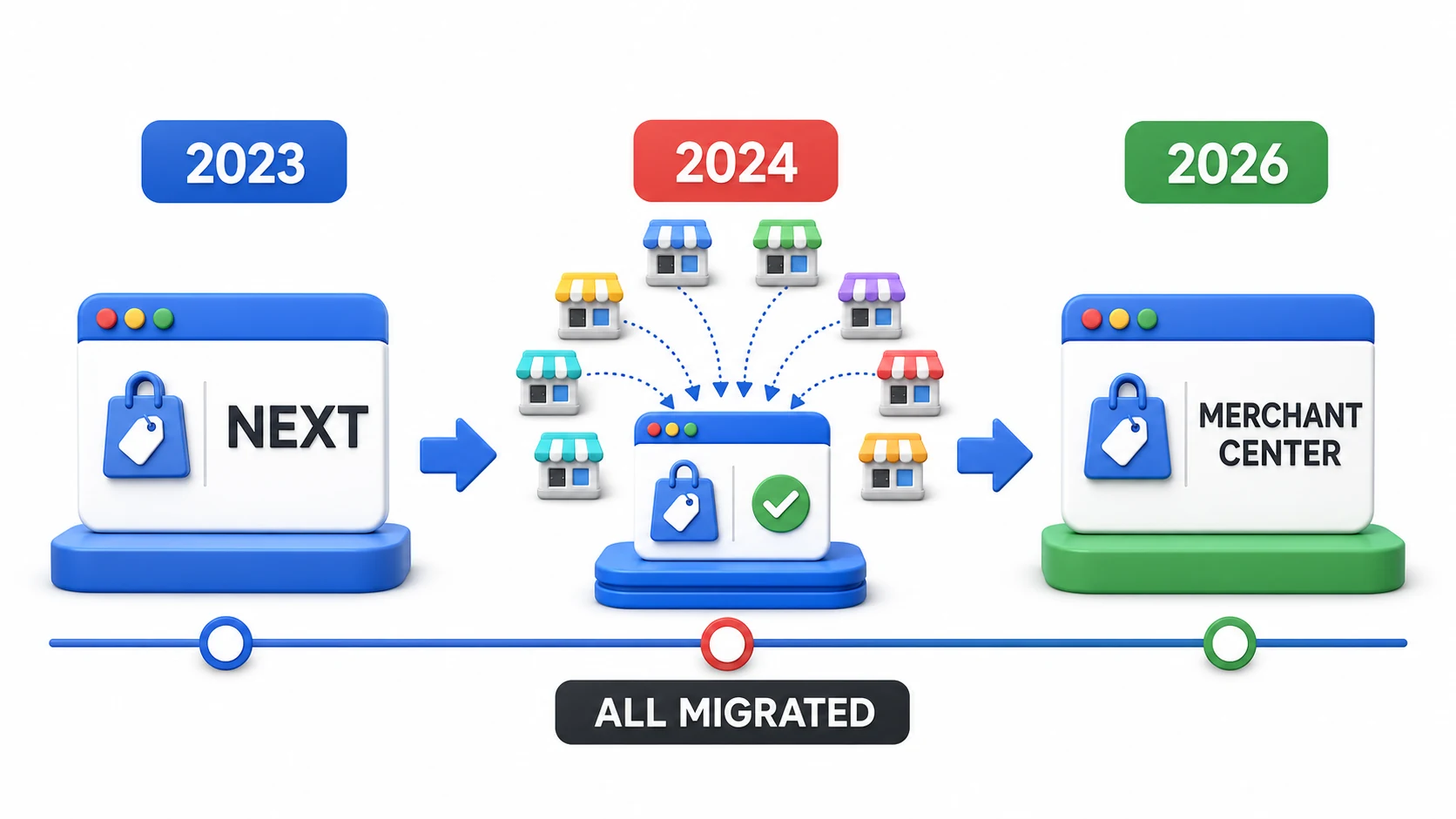 Merchant Center从2023年推出Next、2024年完成全量迁移,到2026年恢复Google Merchant Center名称的时间线