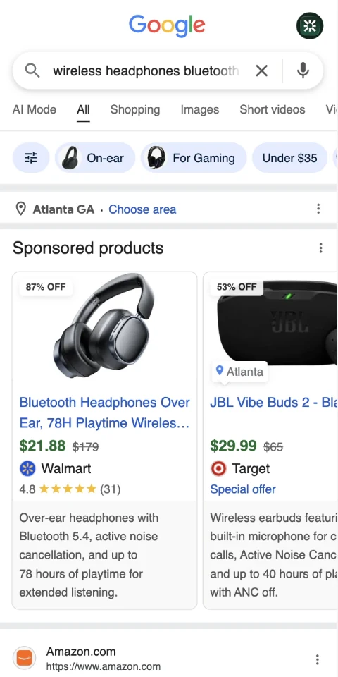 Google移动搜索的Sponsored products商品卡片下方出现产品特点描述