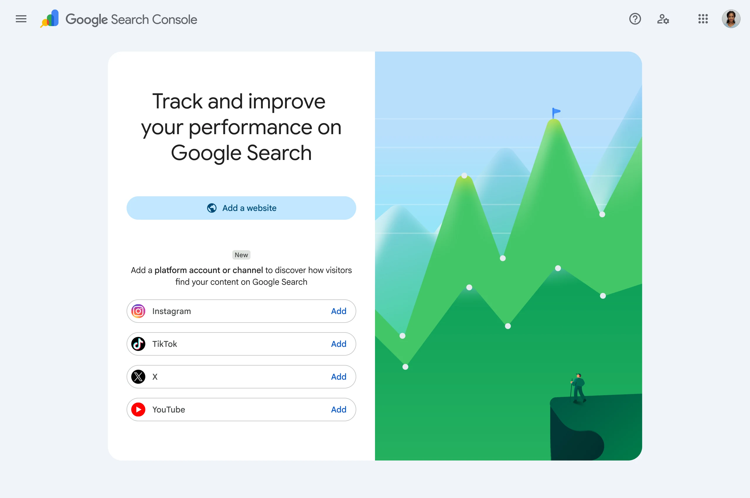 Search Console添加Instagram、TikTok、X和YouTube平台资源的入口