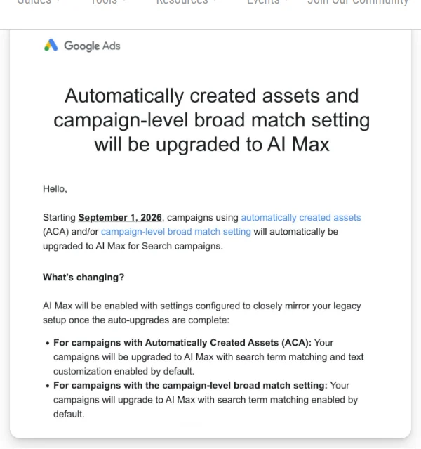 Google Ads通知显示ACA和广告系列级广泛匹配设置将于2026年9月1日起升级至AI Max
