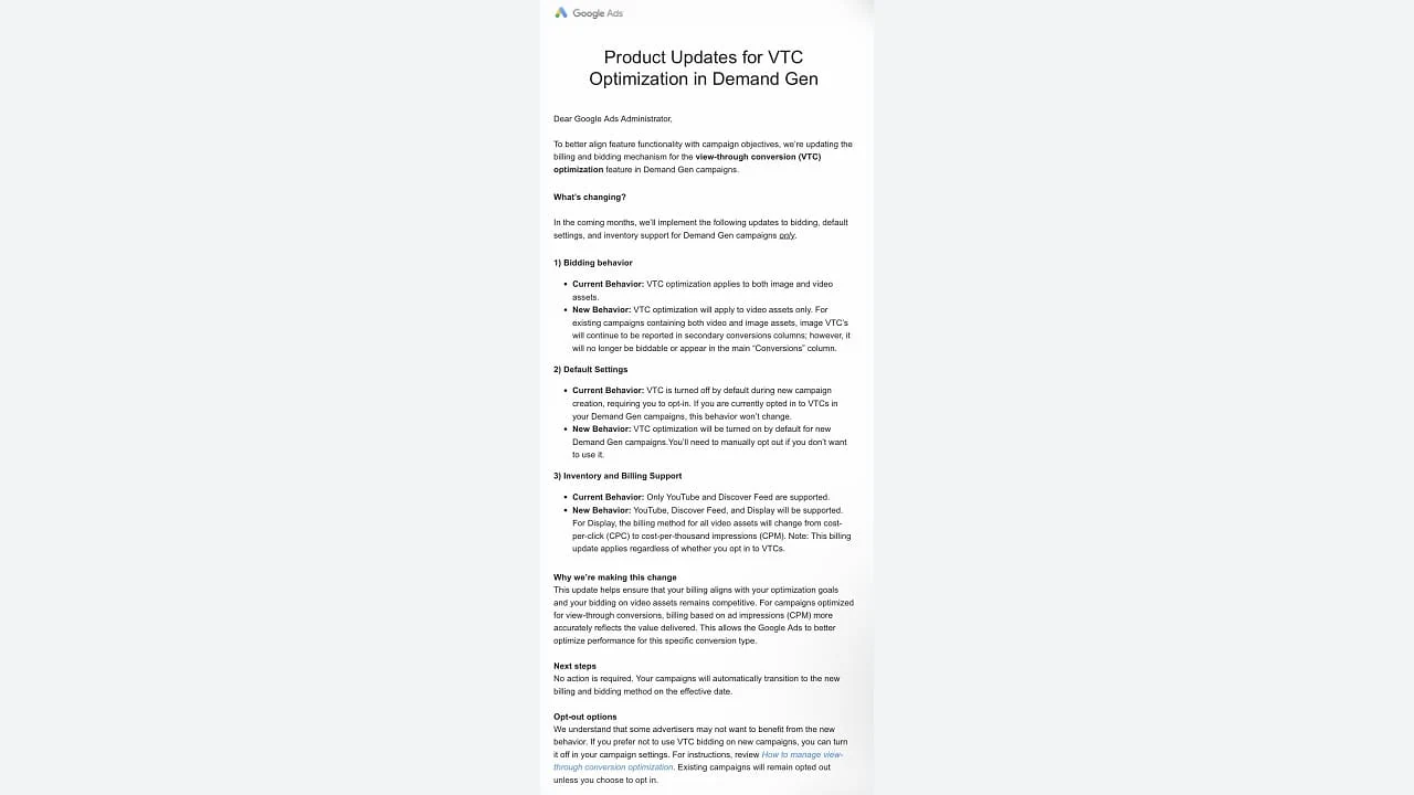 Google发给广告主的Demand Gen VTC产品更新通知,列出竞价、默认设置、广告资源与计费方式的变化